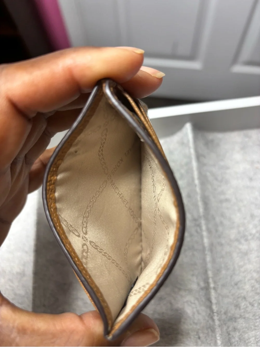 Michael Kors Brown Pebbled Leather Card Case with Gold Logo